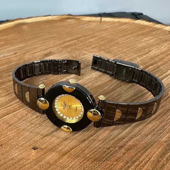 Designer Womens Gold Rhinestones Stainless Steel Black Watch main image 8